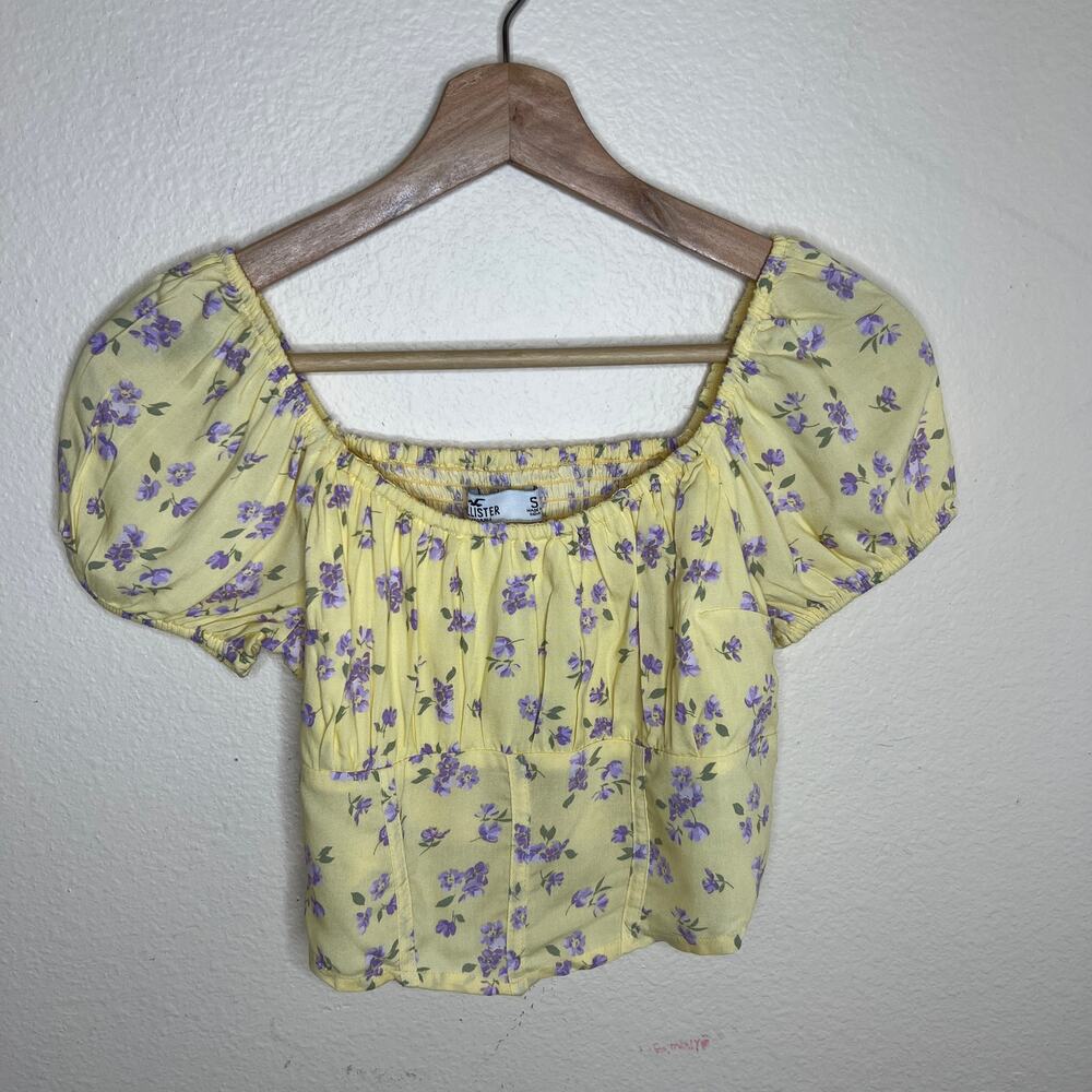 Hollister Yellow, Purple Flowers Off the Shoulders Crop Top Small